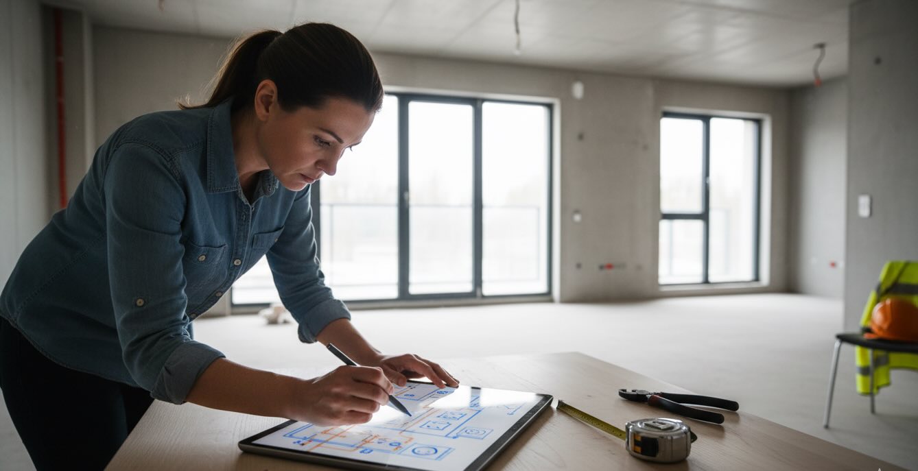 Инженер за проектированием электрики в квартире на планшете
