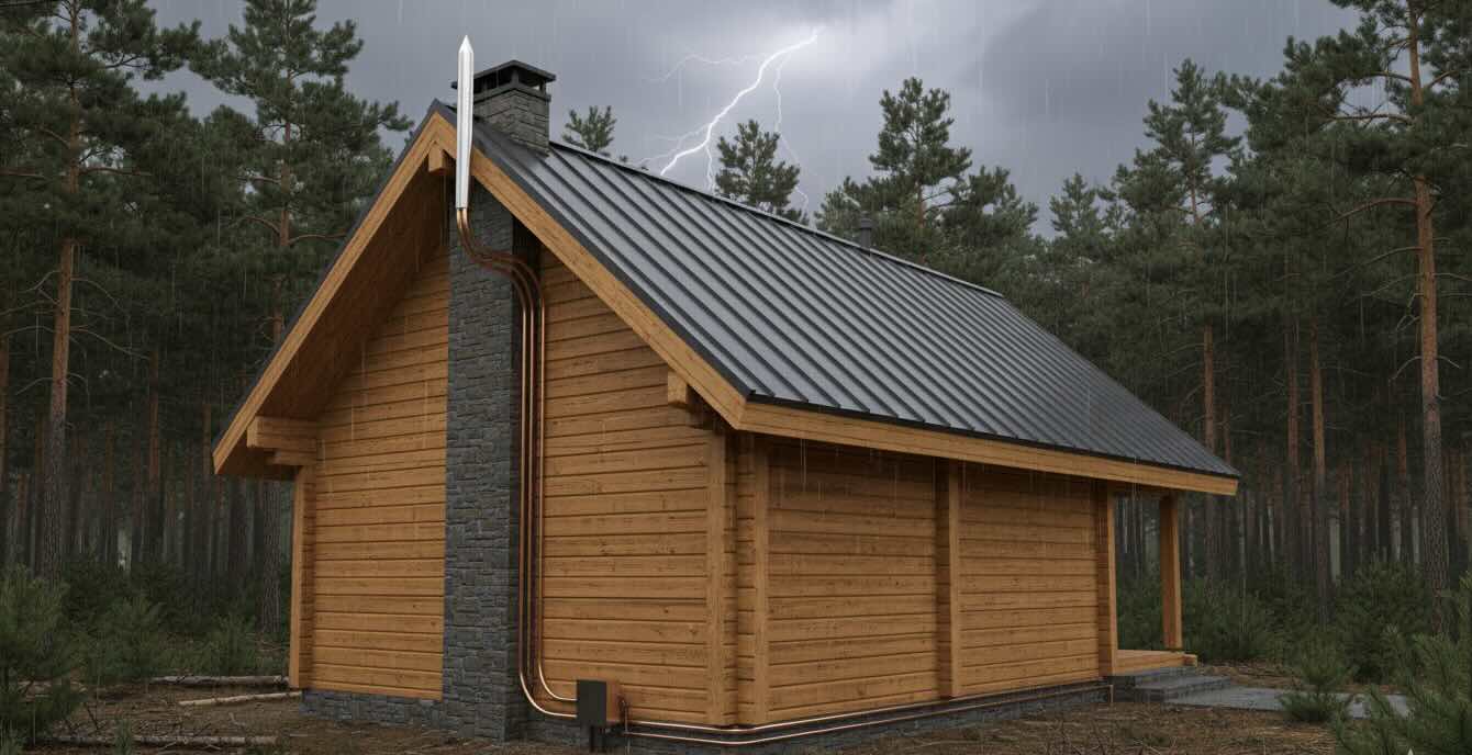 Молниеприемная сетка и стержневой молниеотвод на крыше коттеджа